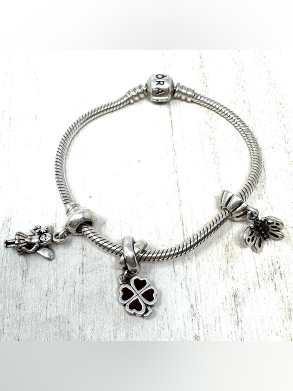 PANDORA 3 charm “whimsical” themed sterling silver bracelet